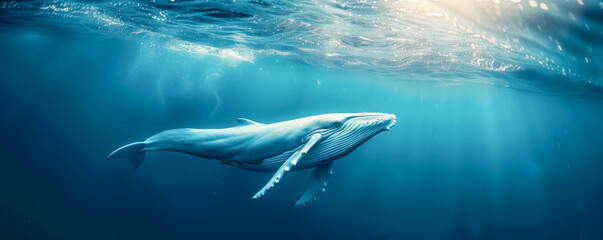 Fototapeta premium Giant whale swimming in the blue warm ocean.