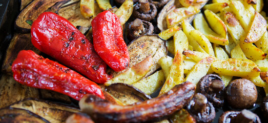 Macro shot Grilled vegetables of potato, mushrooms, eggplant and red pepper.