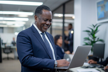 Fototapeta premium A successful brutal freelancer or CEO. A stylish guy uses a laptop, browses the Internet, looking for ideas for a project, standing in the office