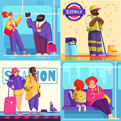 People on subway hand drawn composition set