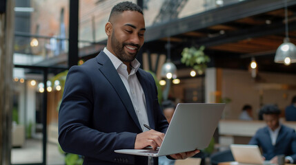 Fototapeta premium A successful brutal freelancer or CEO. A stylish guy uses a laptop, browses the Internet, looking for ideas for a project, standing in the office
