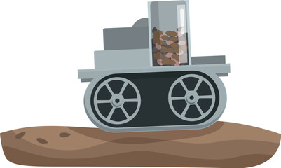 Vector illustration of a cartoonstyle mining cart full of rocks on wooden rails