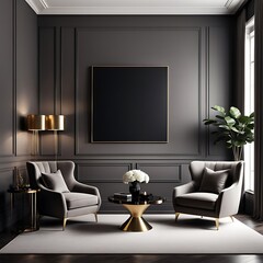 Luxury Living Room in Dark Colors with Gray Walls, Warm Lighting, and Taupe Lounge Chairs. Empty Space for Art or Picture. Rich Interior Design. Mockup of a Lounge Room or Hall Reception. 3D Render.