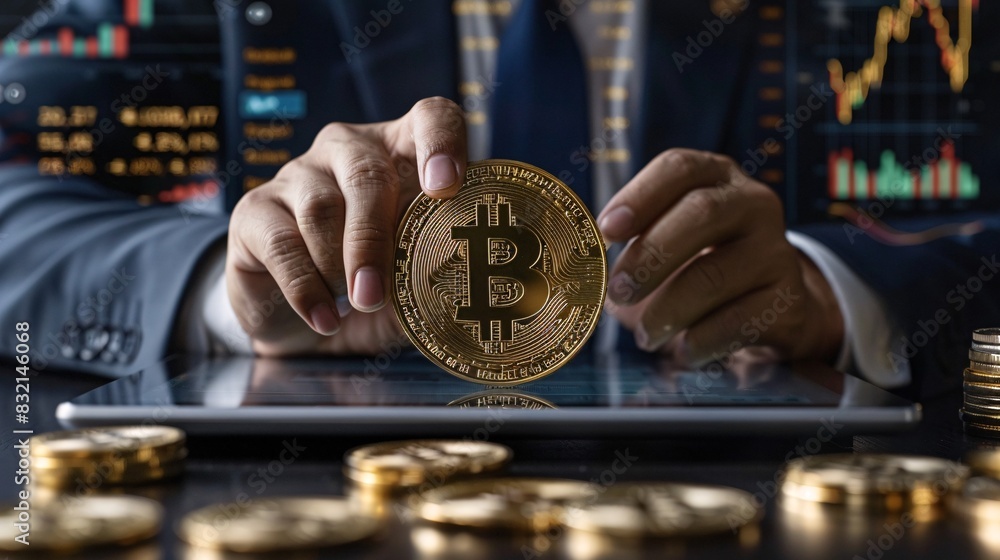Poster cryptocurrency fintech theme with businessman using a tablet computer