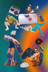 Era of digitalization and youthful vibes. Stylish young people showing spirit of 90s and early...