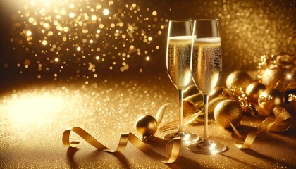 Two champagne glasses with sparkling wine, surrounded by golden ribbons and ornaments, glowing bokeh background, celebrating a special occasion.