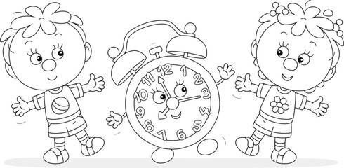 Happy little boy and girl doing morning exercises together with a funny alarm clock cartoon character, black and white vector cartoon illustration for a coloring book