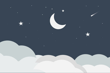 Night sky. Stars, moon in night sky background. Moonlight night sky. Dark blue space background with stars. Universe background design. Wallpaper, template design. Vector illustration. © Vector Vista