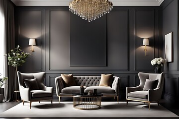 Luxury Living Room in Dark Colors with Gray Walls, Warm Lighting, and Taupe Lounge Chairs. Empty Space for Art or Picture. Rich Interior Design. Mockup of a Lounge Room or Hall Reception. 3D Render.