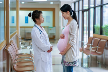 Female obstetrician talking with pregnant woman in clinical examination room
