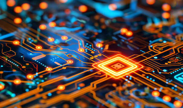 Central Computer Processors CPU concept. Motherboard digital chip. processor with orange and blue lights background. Quantum computer, large data processing unit