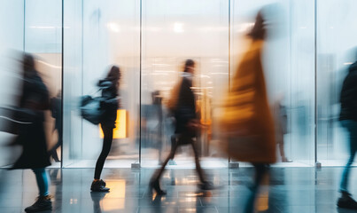 Beautiful motion blur of people walking in the morning rush hour, busy modern life concept