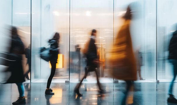 Beautiful motion blur of people walking in the morning rush hour, busy modern life concept