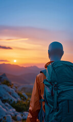 A male plastic mannequin who hikers enjoys a break look at the top of the mountain at sunset adventure and  travel concepts