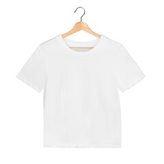 PNG white t-shirt mockup on a wooden hanger
