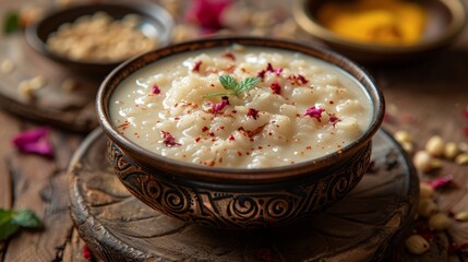 Raksha bandhan Festival : conceptual Rakhi made using Shrikhand in a bowl with band and Pooja Thali. A traditional Indian wrist band which is a symbol of love between Brothers and Sisters
