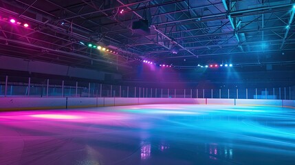 Hockey arena with colorful lights illuminating the ice. Hockey, break between matches, reflections, bright lighting, skating, performance on ice. Generative by AI.
