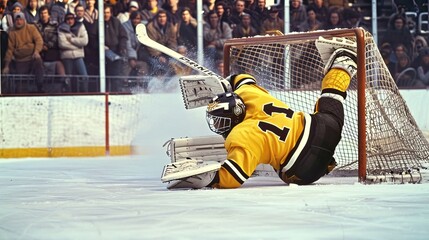 Hockey goalkeeper making a spectacular save at the gate. Competition, hockey, ice rink, collision, realistic style, puck, stick, traumatic sport, rivalry, match. Generative by AI.