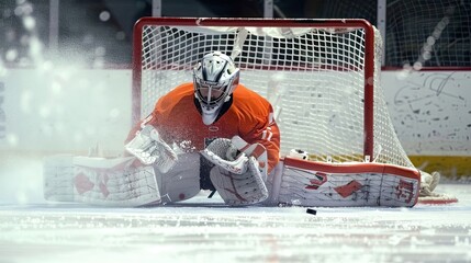 Hockey goalkeeper making a spectacular save at the gate. Competition, hockey, ice rink, collision, realistic style, puck, stick, traumatic sport, rivalry, match. Generative by AI.