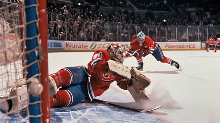 Hockey goalkeeper making a spectacular save at the gate. Competition, hockey, ice rink, collision, realistic style, puck, stick, traumatic sport, rivalry, match. Generative by AI.