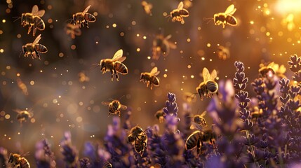 Honey bees swarm around flowering lavender bush. Honey, bees in the wild, pollination, pollen, insects, close up, beekeeping, agriculture, nature protection. Generative by AI. - Powered by Adobe