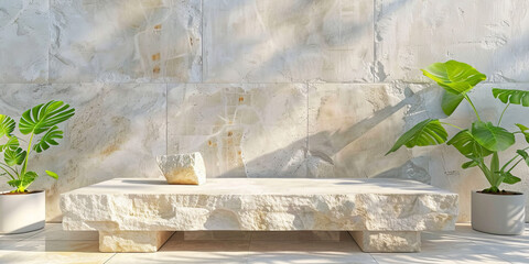 empty stone podium with natural light, green leaves on gray tiles background , for spa product presentation, copy space, Pedestal of marble slabs and branches with green leaves	
