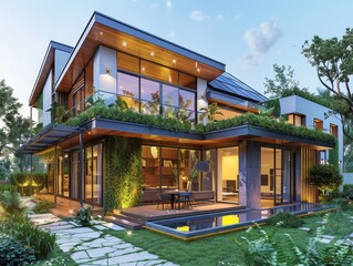 Obraz premium Eco-Friendly Technologies with Solar Panels and Rainwater Harvesting