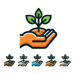 Plant, sprout in a hand icon. Line, glyph and filled outline colorful version