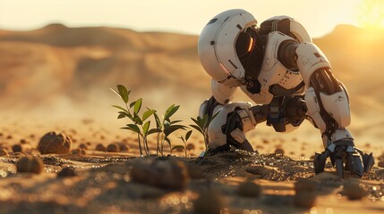 A humanoid white robot stands in the desert and checks if the plants are growing well