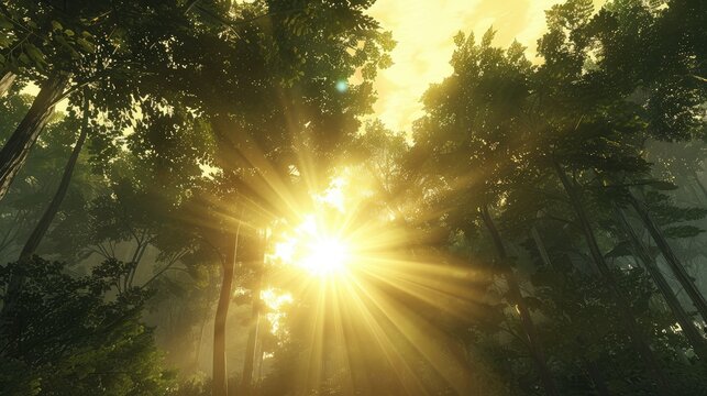 Radiant sunburst through dense, misty forest canopy at sunrise
