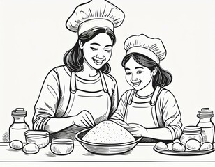 une mère et sa fille avec des toques en cuisine faisant de la pâtisserie en ia