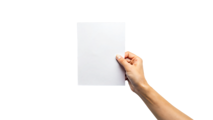 A hand holding a blank piece of paper, suitable for a message, advertisement, or presentation