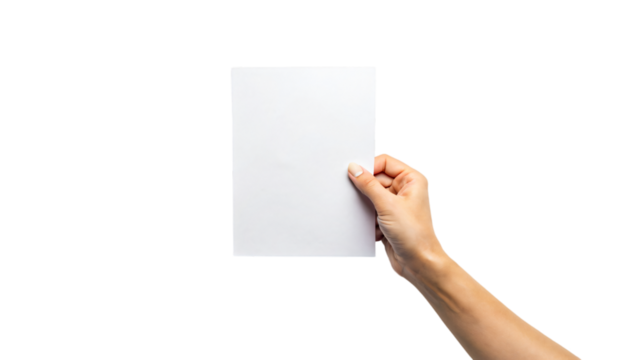 A hand holding a blank piece of paper, suitable for a message, advertisement, or presentation