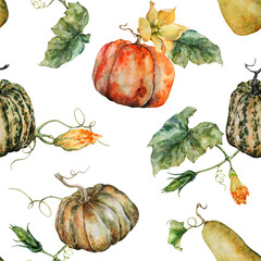 Autumn seamless pattern with orange pumpkins, ripe zucchini, green leaves, yellow vegetables flowers. Hand drawn watercolor illustration  white background for design of fabric, textile, wallpaper.
