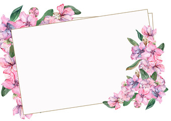 Floral rectangular frame with blooming bouquets of pink flowers with green leaves. Cute corner composition. Hand drawn watercolor illustration on white background for cards, banner, wedding invitation