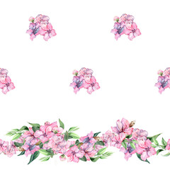 Seamless summer pattern bouquet of blooming pink azalea garden flowers, horizontal floral border. Hand drawn watercolor illustration on white background for fabric, textile, wallpaper, home interior.