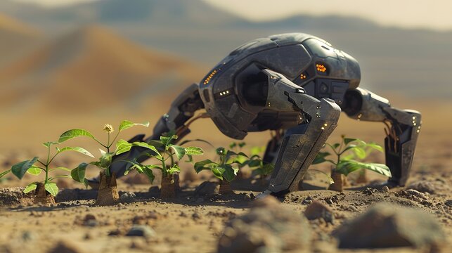 The spider robot stands in the desert and evaluates the quality of seedlings
