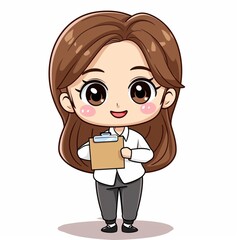 Girl cartoon illustration working writing clipboard isolated white