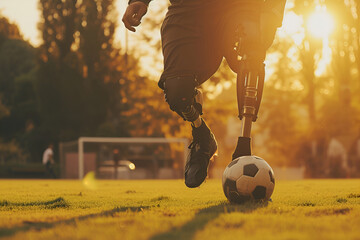 A man with artificial prosthetic legs is kicking a football in the stadium