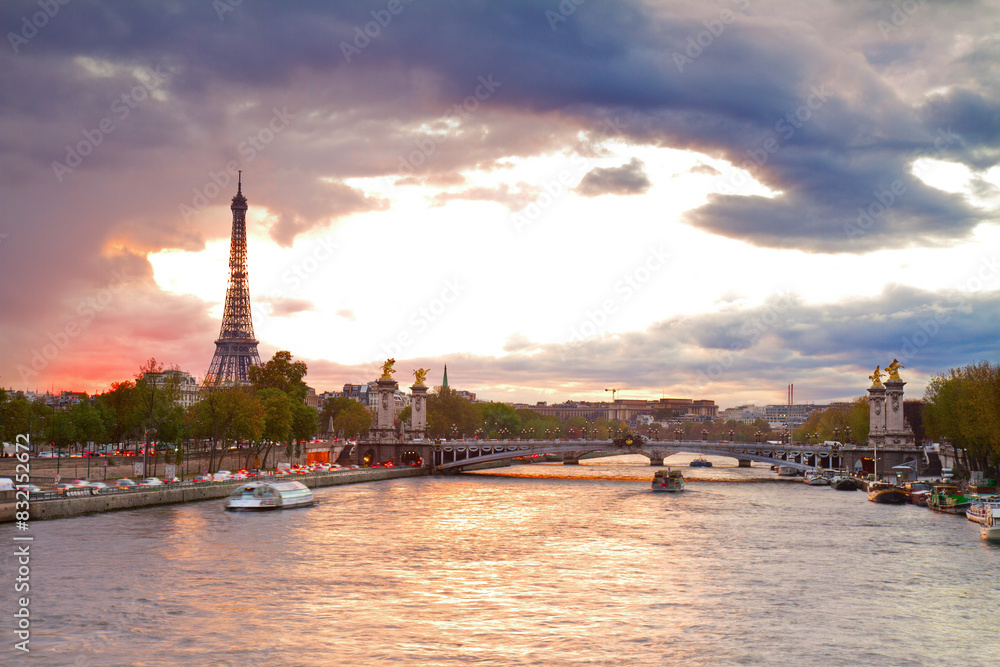 Wall mural alexandre iii bridge and eiffel tower at sunset , paris, france