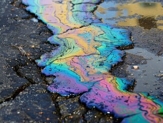 Rainbow-hued oil spill on pavement