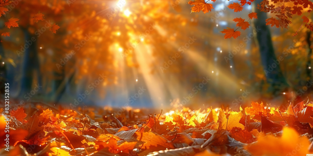 Poster sunlit autumn forest with vibrant orange leaves and falling foliage creating a warm and enchanting a