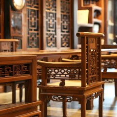 An intimate perspective showcasing the intricate craftsmanship of Chinese-inspired furniture within a modern office space, bridging heritage with contemporary design.
