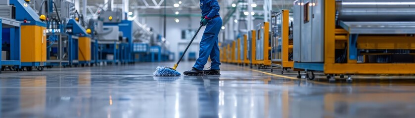 Fototapeta premium A focused industrial scene showing a worker cleaning the factory floor, highlighting the crucial role of hygiene and order in manufacturing operations