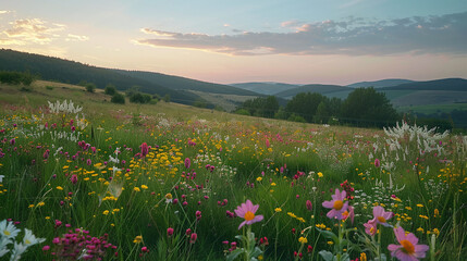 Fototapeta premium Flowery meadows are on the expansive hills during the light hours of the evening. Ai generate.