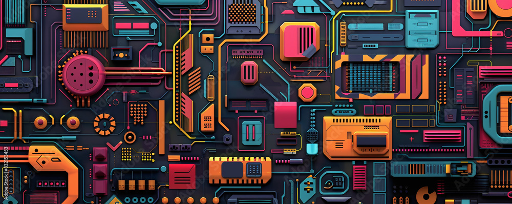 Aufkleber brightly colored electronic circuit boards in computers are ideal for background fabric. ai generate