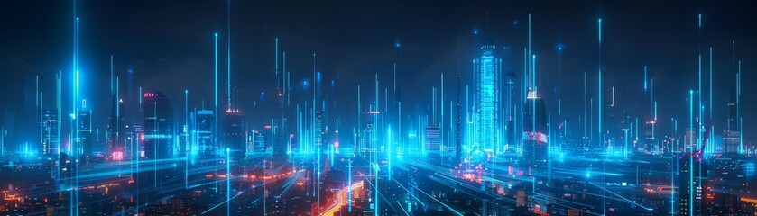 Fototapeta premium A futuristic cityscape rendered in glowing blue neon lines, illustrating a hightech digital metropolis at night