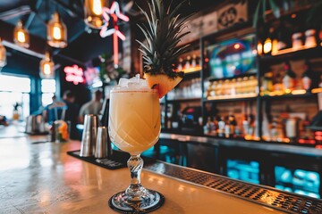 Tropical pina colada on bar counter with neon signs and palm trees, embracing warm summer vibes