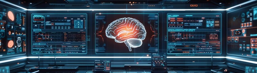 A futuristic view of a brain scan on hightech monitors, providing a deep analysis of neurological health, perfect for educational and medical applications