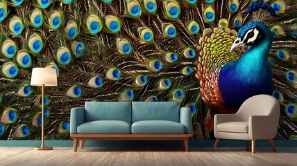 blue sofa and a white armchair sit in front of a wall mural of a peacock with its tail feathers spread.